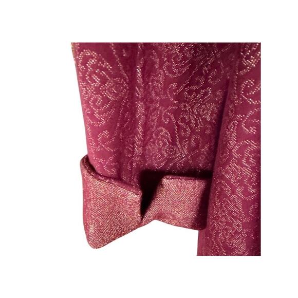 Chico's Jacquard Metallic Brocade Jacket Open Front Burgundy Gold Lurex Size 3 - Picture 5 of 7